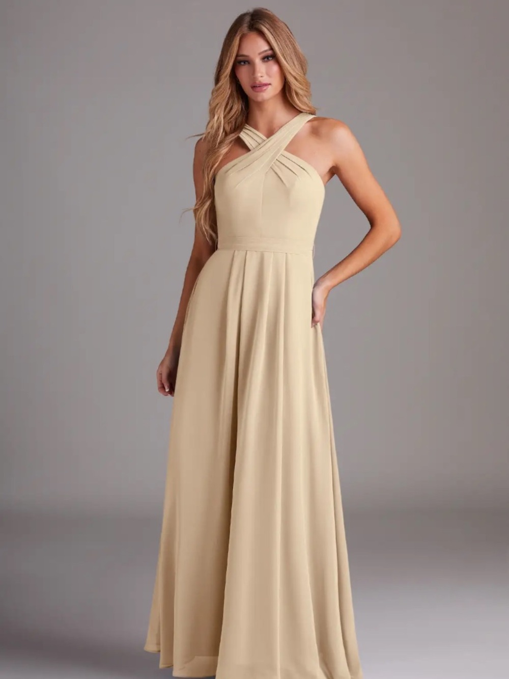 Azazie champagne Crisscross Halter Maxi Dress-Bridesmaid Dress
